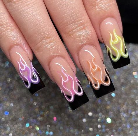 Love the fire Elemental Nails, Gel Nail Designs 2024, Rave Nails Designs, Rave Nails, Paznokcie Hello Kitty, Fake Nails Designs, Punk Nails, Girly Acrylic Nails, Acrylic Nails Coffin Short