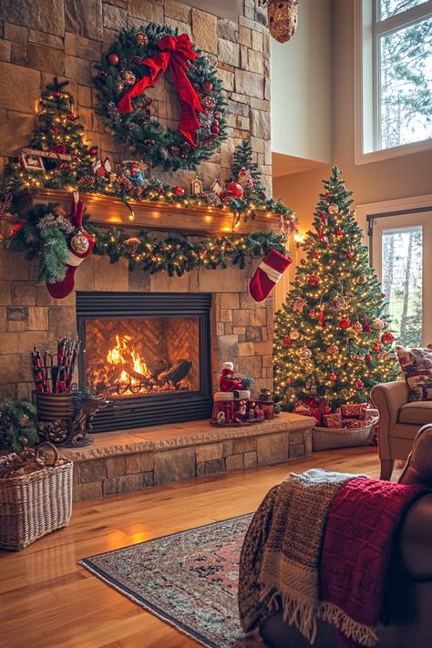 Transform your living room into a winter wonderland with this cozy decor. The festive wreath, twinkling lights, and crackling fireplace bring warmth and cheer. Perfect for a holiday ambiance! #WinterHomeDecor #HolidayDecor #CozyVibes Nostalgic Christmas Decorations Diy, Christmas Decor Ideas Tall Ceilings, Nastolgic Christmas Aesthetic, Chrismast Vibes Aestethic, Timeless Christmas Decor, Classic Christmas Aesthetic, Winter Christmas Aesthetic, Christmas Dreaming, Cozy Christmas Decor