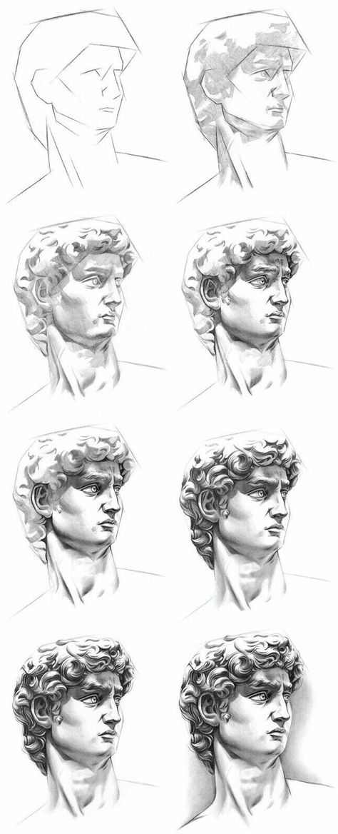 Pencil Sketches Reference, David Head Drawing, How To Draw David Statue, Quick Pencil Drawings, Drawing Of A Statue, Statues Drawing Sketch, Drawing Reference Statue, Drawing Ideas Statue, Sketches Of Statues