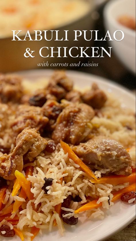 Kabuli Puloa with chicken is a simple and delicious meal of rice topped with sautéed carrots and sweet raisins to balance the delicious savory chicken is it topped with-a perfect meal that’s great for a quick weeknight dinner but special enough for weekends and parties! Afgan Chicken Recipes, Afghan Rice With Raisins, Chicken Kabuli Pulao Recipes, Afghanistan Rice Recipes, Raisin Recipes Savory, Iranian Chicken Recipes, Special Rice Recipe, Afghan Chicken Recipes, Kabuli Pulao Recipes