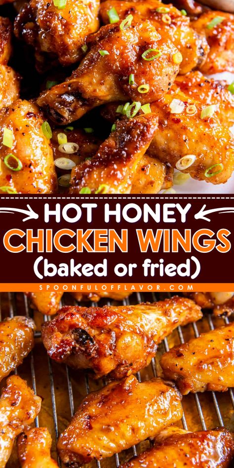 These homemade hot honey chicken wings are cooked to crispy perfection and are coated in a delicious hot honey sauce. They are perfect for game day gatherings or an easy weeknight dinner! Bake, grill, air fry or deep fry these wings. Chicken Wing Airfryer, How To Make Bbq Chicken Wings, Chicken Wings Grill, Fried Chicken Wings Recipe Crispy, Hot Honey Wings Recipes, How To Cook Chicken Wings, Chicken Wings Recipes For Dinner, Easy Chicken Wings In The Oven, Chicken Wing Ideas