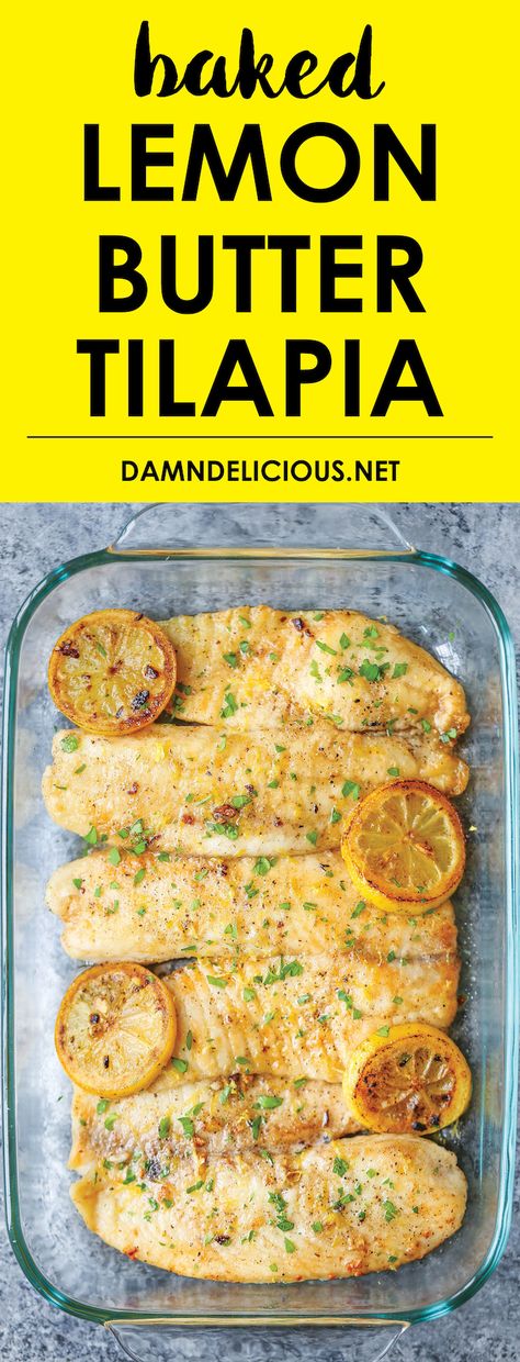 Baked Lemon Butter Tilapia - The easiest, most effortless 20 min meal ever from start to finish. And it’s all made in a single pan. Win-win situation here. 20 Min Meal, Lemon Butter Tilapia, Baked Tilapia, Tilapia Recipes, Recipe Dinner, Fish Dinner, Lemon Butter, Idee Pasto Sano, Mahi Mahi