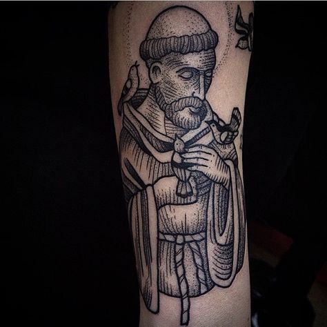 Blackwork style tattoo of st. Francis of Assisi Saint Brendan, Saint Tattoo, Unique Forearm Tattoos, Embroidery Samples, Saint Francis Of Assisi, St Francis Of Assisi, Keeping Busy, Cool Arm Tattoos, Sao Francisco