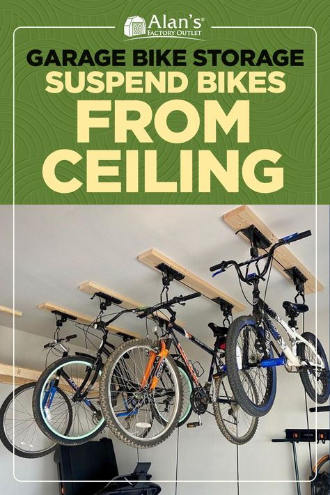 Garage Bike Storage Ideas Ceiling, Bike Ceiling Storage, Hanging Bikes In Garage Ceilings, Ceiling Bike Storage, Garage Bicycle Storage Ideas, How To Store Bikes In Garage, Store Bikes In Garage, Garage Stroller Storage, Hang Bikes In Garage