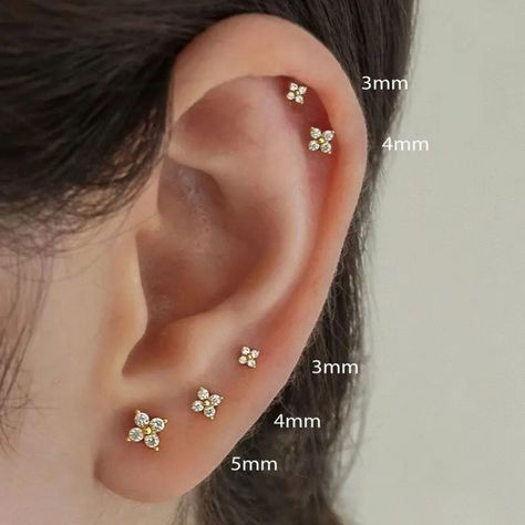 The flower shape stud earrings are designed with precision, making them a stunning addition to any outfit. Made with cubic zirconia and copper, these earrings are durable and long-lasting, ensuring they'll be a favorite in your jewelry collection for years to come. With push-back finding, these earrings are easy to wear and won't cause any discomfort. Size:3/4/5mm Gender:Unisex/Men/Women Weight: 0.7/0.9/1.3 g Material: Copper Packing : Oppbag loop earplug earring loop earlobe earring earplug ear 3 Ear Piercings, Helix Piercing Stud, Double Helix Piercing, Double Pierced Earrings, Second Ear Piercing, Ear Piercing Studs, Second Hole Earrings, Second Piercing, Earrings Double