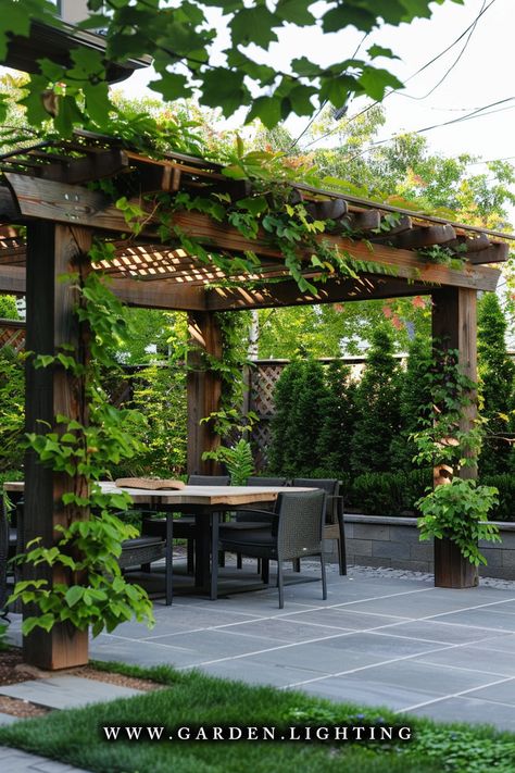 there is a table and chairs under a pergolated arbor Wooden Decks Ideas Outdoor Patios, Garden Canopy Ideas, Outdoor Canopy Ideas, Backyard Canopy Ideas, Backyard Shade Ideas, Backyard Pergola Ideas, Patio Shade Ideas, Small Garden Pergola, Outdoor Patio Shades