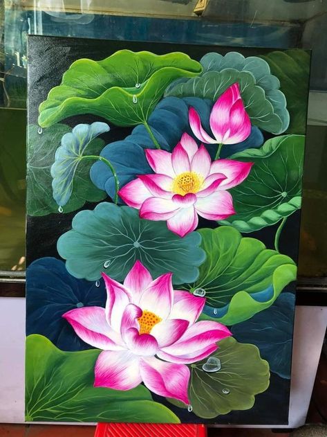 Lotus Canvas Painting Acrylics, Lotus In Water Painting, Lotus Painting On Canvas, Indian Lotus Painting, Lotus Painting Acrylic, Lotus Canvas Painting, Pichwai Art Paintings, Lotus Acrylic Painting, Lotus Flower Painting