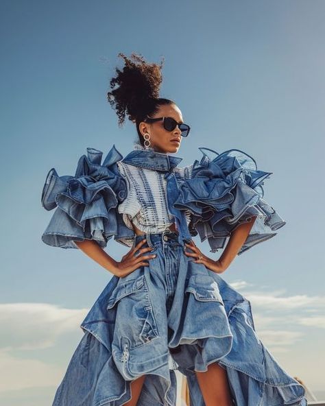 KNXT on Instagram: "Coachella avant-garde denim looks. By KNXT. - Follow @KNXT___ to be part of the future of luxury fashion - #KNXT #fashioncommunity #avantgardefashionstyle #avantgardefashion #avantgarde_vibes #creativefashion #dazedbeauty #coutureaddict #couturedebutant #couturedesign  #AIfashion #AIfashiondesign #aiartworks #Aiartdaily #aiartgallery #aiartistcommunity #aidesign #aidesigner #DallE #Midjourneydesign #AI #AdobeFirefly  #coachella #denim #DenimStyle" Extravagant Style Fashion, Denim Avant Garde, Denim Runway Fashion, Avantgarde Fashion, Flattering Jeans, Denim Inspiration, Denim Crafts, Recycled Fashion, Upcycled Fashion