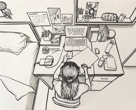 Student Sitting At Desk Drawing, Work From Home Illustration, Comic Graphic Design, Moving Drawing, Artist Core, Pc Drawing, Ide Jurnal, Person Sketch, Anime Study