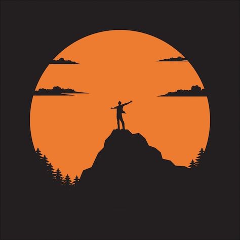 Silhouette the man of mountain on the su... | Premium Vector #Freepik #vector #mountain-top #mountain-climbing #climb #peak Travel Silhouette, Simple Vector Art, Vector Digital Art, Travel Graphics, Moon Mountain, Vector Art Design, Posca Art, Vector Silhouette, Vector Art Illustration