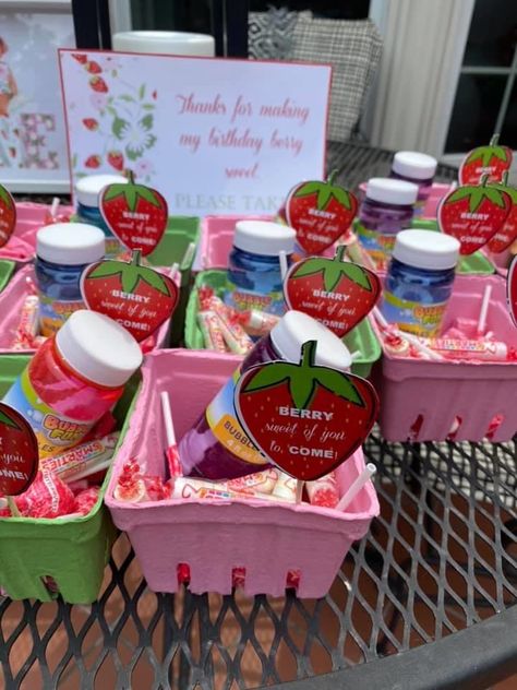 Very Berry 1st Birthday, My Berry First Birthday Party Favors, Strawberry Theme First Birthday Party Favors, Small Party Ideas Decoration, Very Berry Birthday Party, Strawberry Party Favors Kids, Strawberry Theme Candy Table, Strawberry Themed Food Birthday Parties, Strawberry 1st Birthday Party Food