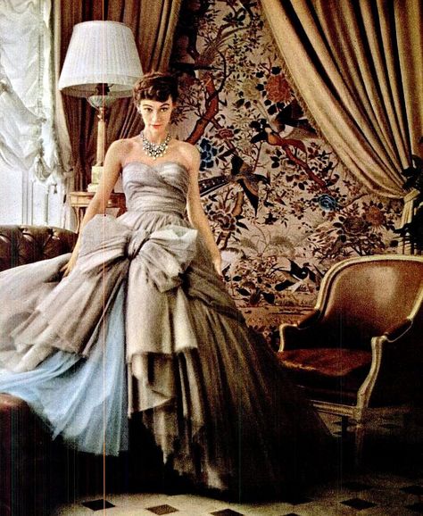 In the sun room of Dior's house in Passy, Sophie Malgat wears the newest of Dior's "big" ball gowns, the skirt has 12 layers and is separate from the bodice because of its weight, photo by Mark Shaw, 1953 Sophie Malgat, Big Ball Gowns, Fashion 1950s, Vintage Fashion Photography, French Fashion Designers, Dior Fashion, Vintage Gowns, Dior Couture, Vintage Couture