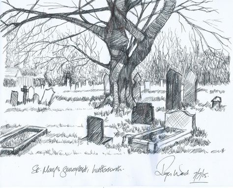 St Mary's Graveyard, drawing in gel pen on A4 cartridge paper. Graveyard Drawing, Graveyard Background, Gothic Setting, Gothic Drawings, Ghost Drawing, Draw Step By Step, Scene Drawing, Cemetery Art, Background Drawing