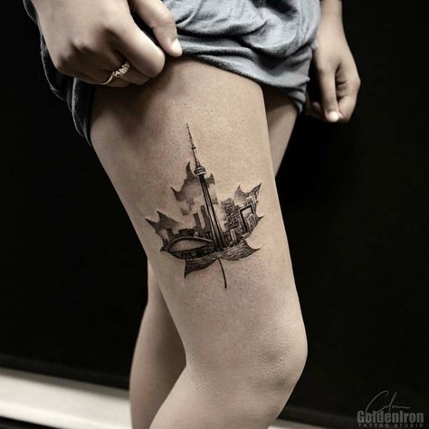 Toronto Inspired Tattoos, Toronto Maple Leaf Tattoo, Toronto Tattoo Ideas, Toronto Skyline Tattoo, Canadian Tattoo Ideas For Men, Canada Flag Tattoo, Maple Leaf Tattoo Design, Canada Tattoo Ideas, Maple Tattoo