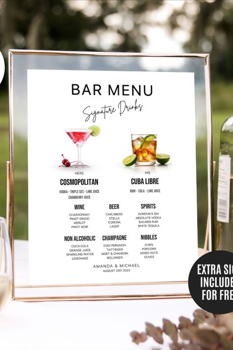 Bar Menu Template, Modern Editable Drink Menu Template, Minimalist Printable Bar Menu, Signature Drinks Sign, His and Hers drinks, Wedding Bar Menu + 230 Cocktail List and images. This editable Wedding Bar Menu with Signature Drinks includes a list with 230 popular cocktails with ingredients and measurements. It also includes 265 high resolution images that you can choose from, for you to have the freedom to create your personalized specialty cocktails! Drink Menu Template, Wedding Bar Menu Template, Drink Wedding, Drinks Wedding, Gordon's Gin, Signature Wedding Drinks Sign, Bar Menu Template, Specialty Cocktails, Signature Drink Sign