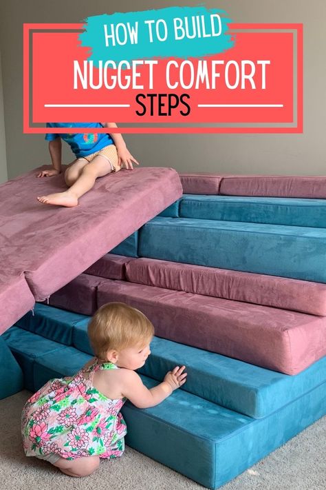 Here's a guide to our favorite nugget build: steps and a slide! Slide Nugget Build, Nugget Stairs, Nugget Stair Slide, Nugget Slide Build, 2 Nugget Slide Build, Nugget Climbing Build, 2 Nugget Couch Builds Climbing, 2 Nugget Builds For Climbing, 2 Nugget Couch Builds Slide