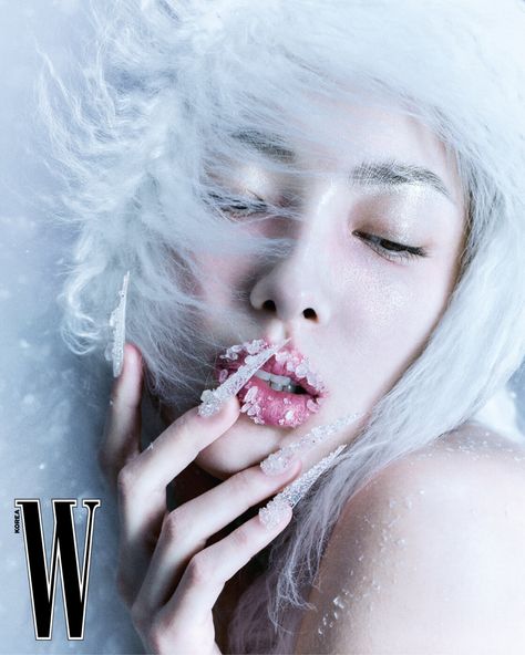 Frostbite Photoshoot, Winter Kpop Aesthetic, Ice Castle Photoshoot, Snow Angel Photoshoot, Winter Reference Poses, Ice Editorial, Winter Themed Photoshoot, Winter Editorial Photoshoot, Icy Photoshoot