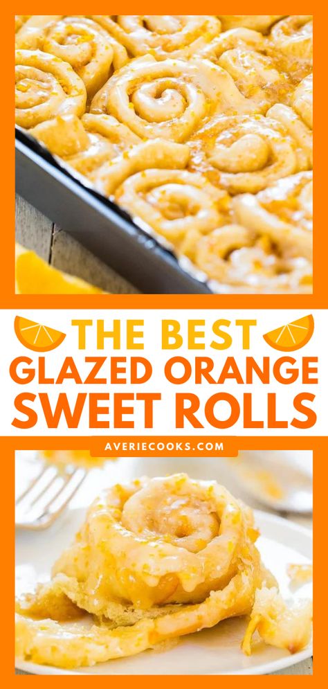 The Best Glazed Orange Rolls (Sweet Roll Recipe!) - Averie Cooks Homemade Orange Rolls, Orange Filling, Orange Cinnamon Rolls, Orange Sweet Rolls, Sweet Roll Recipe, Averie Cooks, Orange Rolls, Breakfast Rolls, Orange Glaze