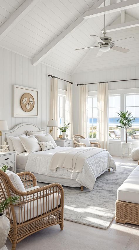 Coastal Master Bedroom Coastal Farmhouse Master Bed, Coastal Beach House Interiors Bedroom, French Beach House Decor, Coastal House Bedroom, Beachhouse Bedrooms Aesthetic, Nantucket Style Bedroom, Serena And Lily Bedroom Ideas, Maine Bedrooms, Hamptons Bedroom Master Suite