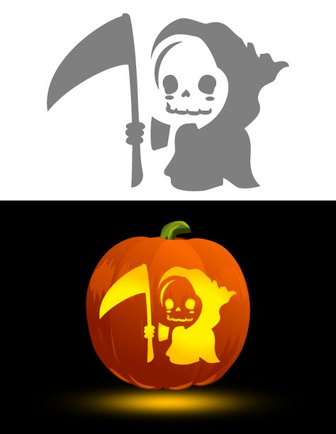 Printable Kawaii Grim Reaper Pumpkin Stencil Ghost Face Pumpkin Stencil, Zombie Pumpkin Stencil, Character Pumpkin Ideas Carving, Pumpkin Patterns Carving, Pumpkin Carving Ideas Outline, Grim Reaper Pumpkin Stencil, Meme Pumpkin Carving Templates, Kawaii Pumpkin Stencil, Adams Family Pumpkin Carving