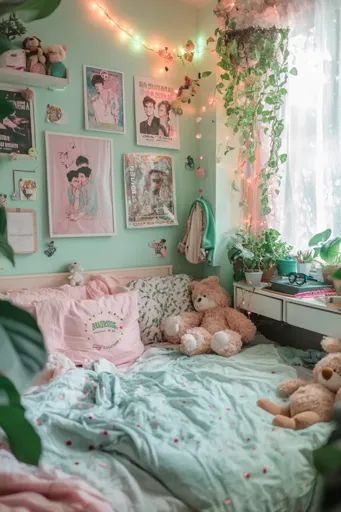 ↑↑↑ Larger size on website 🔸 A bedroom with a light green and pink color scheme. The bed is made with a light green and pink patt Green Pink Room Bedrooms, Pink Green Room Decor, Room Ideas Aesthetic Green And Pink, Pink And Green Aesthetic Bedroom, Pink And Green Dorm Room, Pink Green Room, Cozy Feminine Bedroom, Green Pink Bedroom, Green And Pink Color Scheme