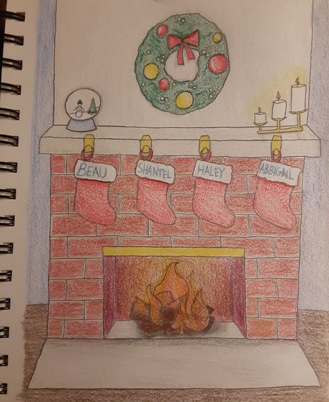 Christmas Fireplace Drawing, Fireplace Drawing, Christmas Fireplace, Christmas Drawing, Art Club, Vintage World Maps, Hand Drawn, Sketch Book, Fireplace