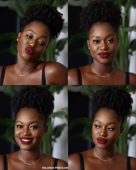 Dark Lipstick On Dark Skin, Black Skin Natural Makeup, Colored Lipstick On Black Women, Simple Black Women Makeup, Simple Wedding Makeup Natural Looks Black Women, Red Lips For Black Women, Dark Skin Red Lip Makeup, Dark Red Black Women, Black Woman Lipstick