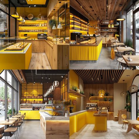 Narrow Cafe Design, Yellow Coffee Shop, Yellow Tattoo, Bakery Interior, Italian Bakery, Yellow Coffee, Coffee Shop Design, Innovative Ideas, Bakery Cafe