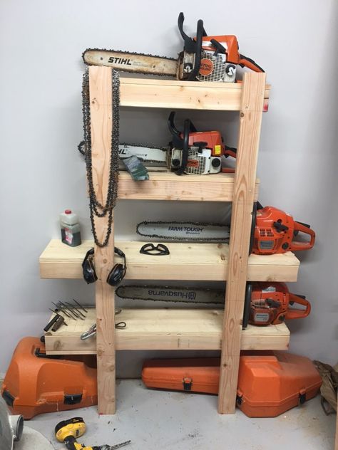 Chainsaw storage Chainsaw Box Storage, Chainsaw Organization, Saw Storage Ideas, Chain Saw Storage, Chainsaw Storage Ideas, Chainsaw Storage, Saw Storage, Storage Shelves Diy, Small Garage Organization