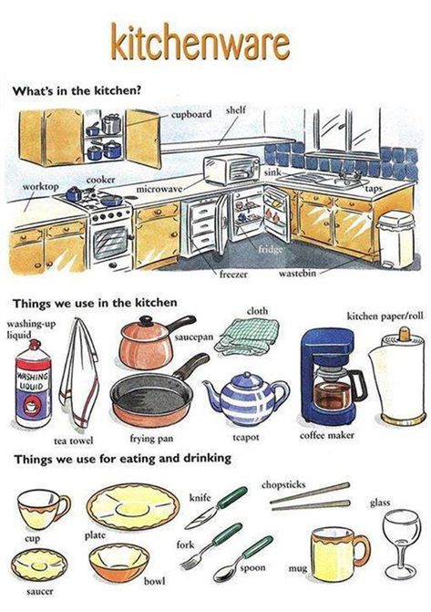 English vocabulary with pictures for common Equipment & Utensils in the Kitchen ... Kitchen Vocabulary, Esl Vocabulary, English Kitchens, English Vocab, English Classroom, Good Vocabulary, English Language Teaching, English Tips, Learn English Vocabulary