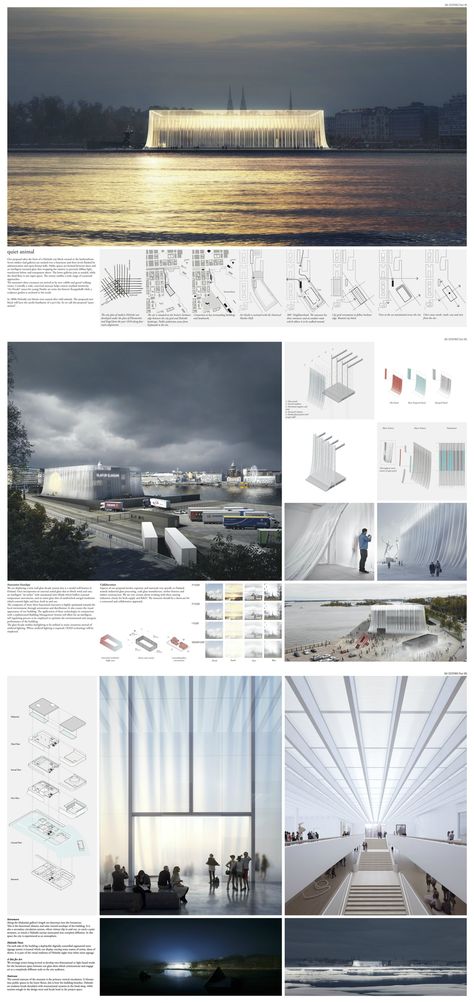 Presentation Layout, Guggenheim Helsinki, Presentation Board Design, Architecture Elevation, Architecture Presentation Board, Architecture Panel, Architectural Competition, Architecture Board, Architecture Graphics