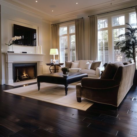 dark_wood_floors_living_room_decor_ideas_cozy 6 Dark Espresso Floors, Home Decor Ideas With Dark Wood Floors, Dark Floors Beige Walls, Dark Floor Design Interior, Kitchen With Dark Wood Flooring, Scandinavian Living Room Dark Floors, Black Floor Interior Design, Dark Floor Farmhouse, Home Decor Dark Floors