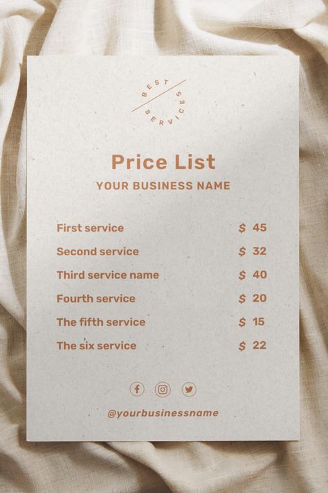 Salon Price List Template, Modern Small Business Price List, Canva Editable Price Sheet, Electronic Pricing Guide, Hair Pricing List, Print Price Sheet Design, List Template Aesthetic, Price List Design Templates, Small Business Price List, Pricing List, Instagram Grid Design, Price List Design, Salon Price List, Esthetician Marketing