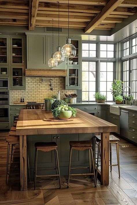 Modern Country Kitchen Island, Kitchen Island With Open Shelving, French Cottage Kitchen Island, Kitchen Flooring Ideas Farmhouse, Kitchen Eat In, Kitchen Island With Wrap Around Seating, Table Instead Of Island In Kitchen, Farmhouse Style Kitchen Island, Two Toned Kitchen Island