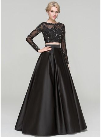 Two Piece Outfits Wedding, One Piece Long Dress Design, Satin Gown With Sleeves, Long Sleeve Lace Evening Dress, Two Piece Prom Dresses, Two Piece Formal Dresses, Best Party Dresses, Two Piece Prom, Satin Evening Dresses