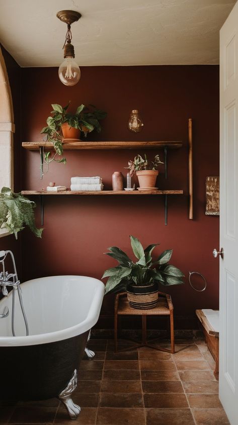 Transform your bathroom without breaking the bank with these 23 budget-friendly Western Boho ideas. Discover affordable decor, DIY projects, and clever design tricks to bring rustic charm and bohemian flair to your space. Elevate your home’s style while keeping costs low. Tan Bathroom Color Schemes, Terra Cotta Powder Room, Burnt Sienna Bathroom, Boho Dark Bathroom, Rusty Orange Bathroom, 70s Bathroom Aesthetic, Terracotta Bathroom Walls, Western Bathroom Ideas, Burnt Orange Bathroom