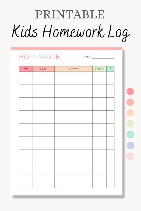 This printable kids homework log is a great way for your child to keep track of and plan their homework from school or homeschool. This template acts as a visual reminder to keep kids on track with their responsibilities. Build fun and healthy homework habits with this fun and colorful template! Print and write with US Letter (8.5x11 inch) or fill on your digital tablet with A4 (210 x 297 mm). Homework Log Template Free Printable, Homework Checklist Printable Free, Homework Reminder, Social Pedagogy, Homework Paper, Homework List, Homework Quotes, Homework Organizer, Homework Planner Printable