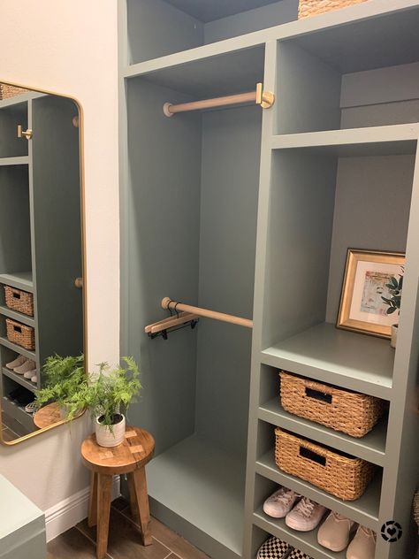 Simple Closet Built Ins, Small Built In Closet Organization, Custom Built In Wardrobe Ideas, Narrow Built In Closet, Mudroom Walk In Closet Ideas, Additional Closet In Bedroom, Wall Closet Small Bedroom, Closet Ideas For Small Spaces Walk In, Built In Closet Ideas Diy