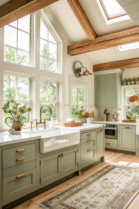 Green Cabinets With Bronze Hardware, Modern Farmhouse Cottage Interior Design, Sage Green Country Kitchen, Sage Farmhouse Kitchen, Sage And Gold Kitchen, Sage And Wood Kitchen, Green And Natural Wood Kitchen, Country Cottage Kitchen Ideas, Green Cabinet Kitchen