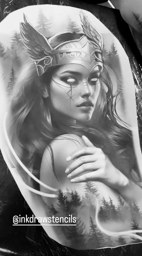 Norse Freya Tattoo, Viking Warrior Princess Tattoo, Freya Tatoos, Viking Princess Tattoo, Freya Tattoo Ideas, Viking Warrior Woman Tattoo, Valkyrie Tattoo Woman Female Warriors, Warrior Woman Tattoo, Huntress Tattoo