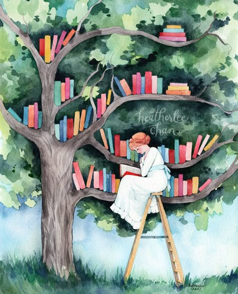 Tree Library, 동화 삽화, Magical Tree, Library Art, Reading Art, 수채화 그림, The Reader, Art Et Illustration, Whimsical Illustration