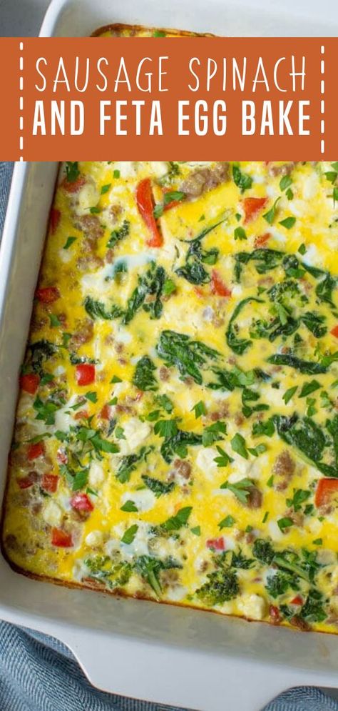 A healthy spring recipe made from a few fresh and simple ingredients! Sausage, Spinach and Feta Egg Bake is a versatile meal packed with flavor and nutrients. Kids and adults will love this hearty spring season food throughout the week! Save this breakfast menu idea! Egg Casserole Recipes Healthy, Feta Egg Bake, Spinach Egg Casserole, Healthy Egg Bake, Broccoli Red Pepper, Comfort Breakfast, Sausage Egg Bake, Quick Breakfasts, Sausage Spinach