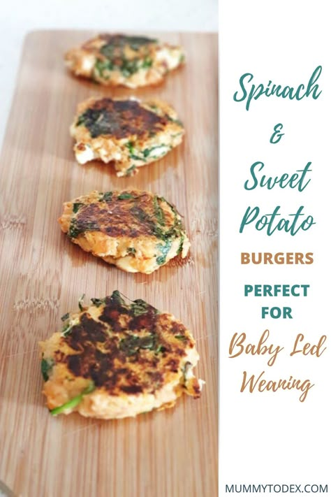 Searching for the perfect baby led weaning lunch or baby led weaning dinner recipe for your baby? Try these delicious and healthy sweet potato and spinach burgers, perfect for babies and the whole family. These baby led weaning burgers are jam packed full of nutrients and are a fantastic way to feed your baby, no matter what stage of the weaning journey they're on. For more home made baby food ideas and baby led weaning recipes, visit Mummy to blog #blw #weaning Blw Meals, Led Weaning Recipes, Spinach Burgers, Fingerfood Baby, Blw Recipes, Baby Led Weaning First Foods, Sweet Potato Burgers, Baby Lunch, Weaning Foods