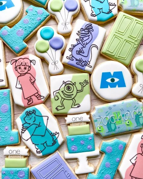 Monsters Inc Cookies, Flood Icing, First Birthday Cookies, Monster Inc Birthday, Cartoon Cookie, Snoopy Birthday, Cookies Theme, Disney Cookies, Cookie Decorating Party