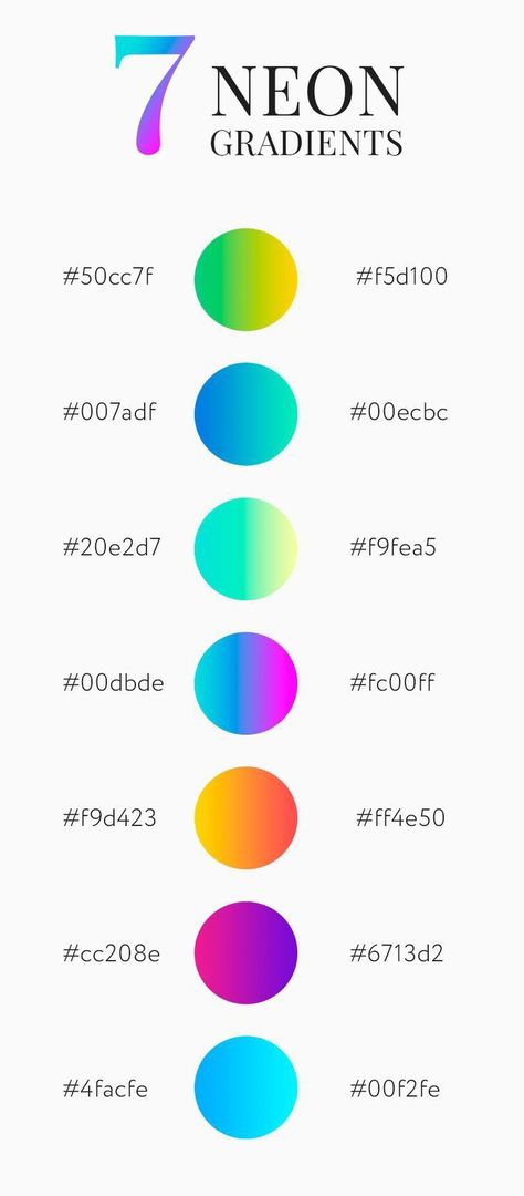 Seven bright and juicy neon gradients For any design Neon Gradient Palette, Neon Color Gradient, Logo Gradient Color, Gradient Color Design Colour Palettes, Neon Colours Palette, Bright Color Palette Neon, Neon Logo Ideas, Neon Color Palette Bright Colours, Neon Palette Color