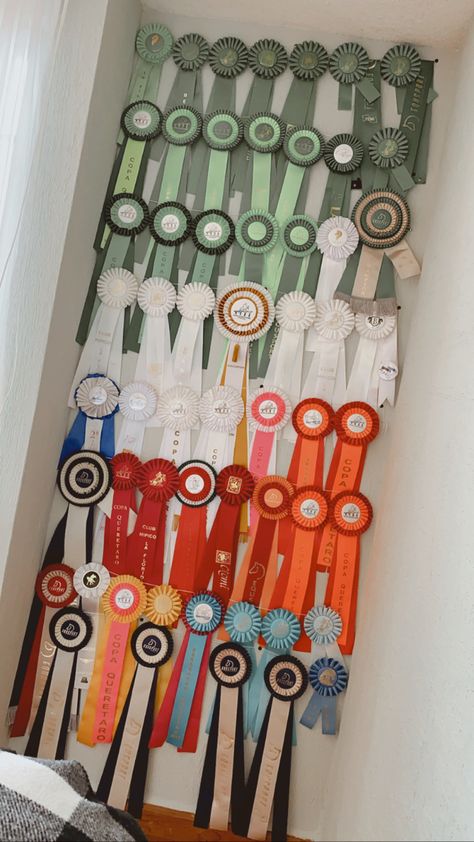 Ribbon Hanging Ideas Horse, Diy Horse Room Decor, Equestrian Ribbon Wall, Horse Rosette Display, Horses Room Ideas Bedrooms, Ribbon Display Ideas Horse, Horse Show Ribbon Display Ideas, Equestrian Ribbon Display Ideas, Equestrian Bedroom Ideas