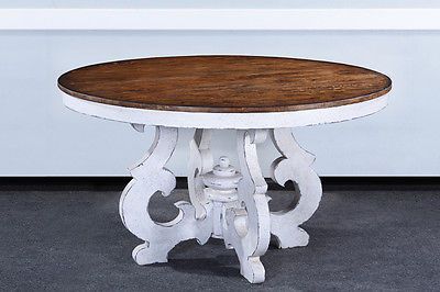 Cambridge-French-Country-54-034-Round-Dining-Table-White-Distressed-BG Rustic Round Dining Table, Round Farmhouse Table, Reclaimed Oak Flooring, Parquet Design, Restoration Hardware Style, Round Pedestal Dining, Round Pedestal Dining Table, Round Dining Room Table, Marble Top Dining Table