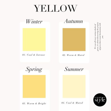 An example of yellows for each season in color analysis Soft Autumn Skin Tone, Autumn Skin Tone, Seasonal Analysis, Season Palette, Color Season Analysis, Deep Winter Color Palette, Light Spring Palette, Winter Skin Tone, Season Analysis