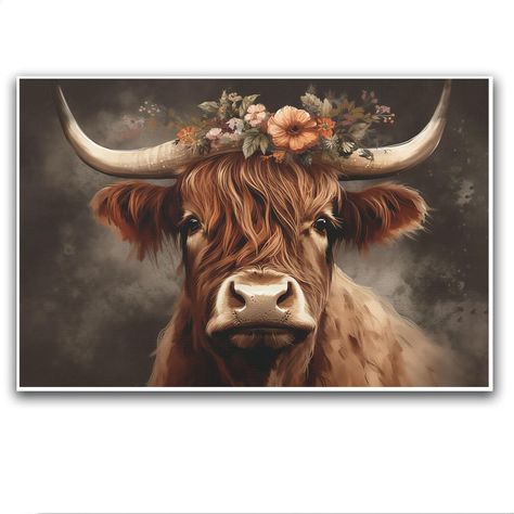 PRICES MAY VARY. Give your home a boho farmhouse vibe with stunning Coastal Boho Farmhouse Highland Cow Flower Canvas Wall Art. Featuring a rustic country landscape with a longhorn animal, this floral artwork poster adds a touch of nature to your living room, bedroom, or kitchen decor. Perfect for farmhouse and Highland Cow enthusiasts, this wall art piece beautifully captures the essence of country living. Effortlessly elevate your home decor with this visually stunning and charming Highland Co Cow Paintings On Canvas, Cow Nursery, Highland Cow Painting, Stil Rustic, Highland Cow Print, Floral Watercolor Paintings, Flower Canvas Wall Art, Cow Pictures, Country Wall Decor