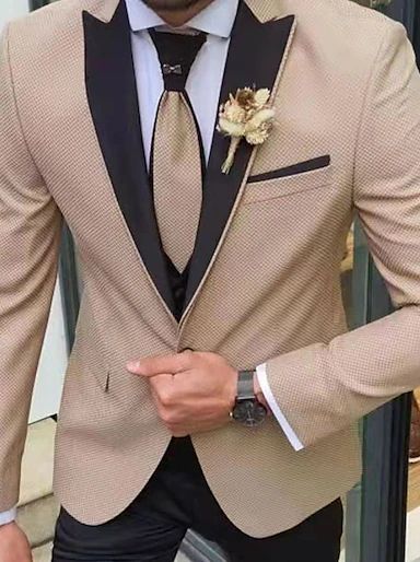 Beige And Black Tuxedo Men, Groom Tux Colors, Men’s Wedding Tux Colors, Tan Suit Men, Tan Tux, Tan Suit Wedding, Black Groomsmen Suits, Tan Tuxedo, Tux Colors